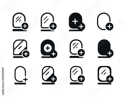 Bathroom Mirror Icon Set. Adding a new mirror in the bathroom. Icon set. Set Logo of adding a new mirror in the bathroom: mounted mirror profile. harmonious