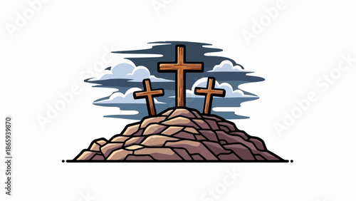 Three wooden crosses stand atop a rocky hill under a stormy sky