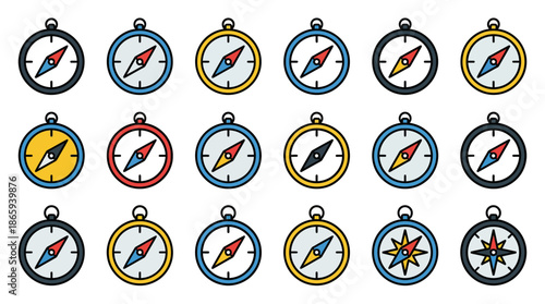 Collection of Various Compass Icons and Symbols.
