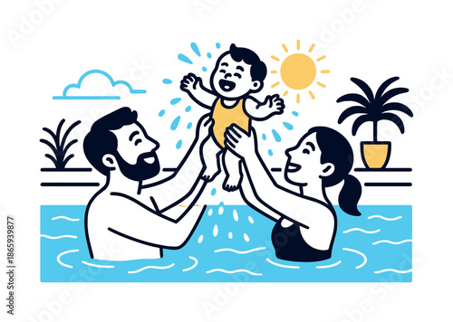 Poolside Family Fun. Poolside joy. Parents lift their child above the water; droplets sparkle around them. Light ripples dance with their movement. Modern
