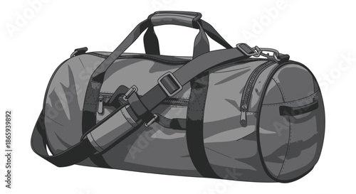 A gray cylindrical duffel bag with black straps and zippers designed for travel and sports.