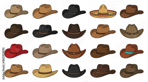 Collection of Various Cowboy Hats and Fedoras.