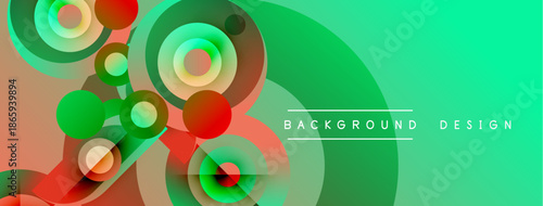 Abstract colorful design features overlapping circles, gradients. Modern background ideal for banners, presentations. Vivid hues create dynamic visual effect.