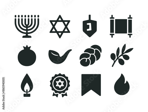 Jewish Holiday Icons. Jewish Holiday Symbols. Solid icon set of Jewish Holiday Symbols: menorah, Star of David, dreidel, Torah scroll, pomegranate, shofar,