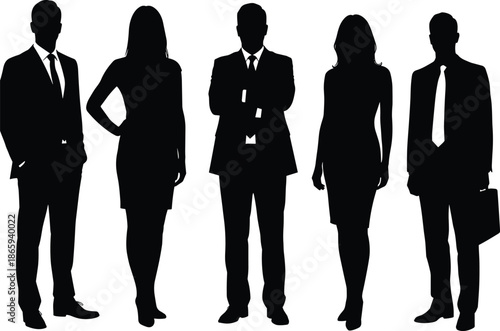 Silhouette of five business people standing, male and female professionals in suits, teamwork, leadership concept, corporate group illustration, isolated on white background