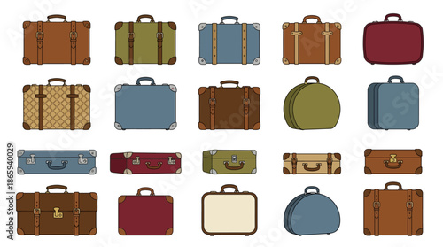 Assorted vintage style travel bags and suitcases collection.