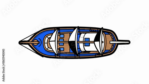 Top-down view of a stylized sailboat with white sails and blue accents
