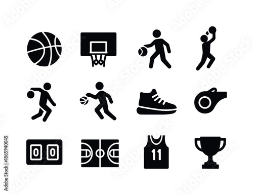 Basketball Icons Grid. Basketball. Solid icon set of basketball: basketball, hoop, dribble, jump shot, dunk, layup, basketball shoes, referee