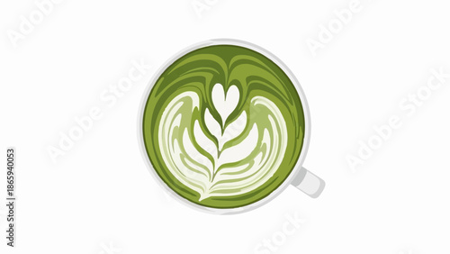 Top-down view of a white mug filled with green matcha latte art
