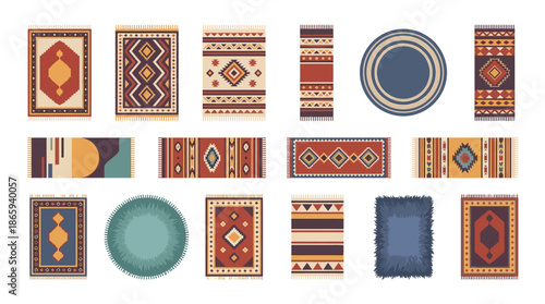 Assorted colorful carpet and rug designs with various patterns and shapes.