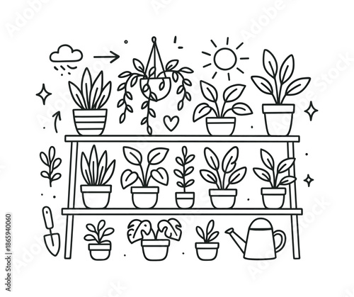 Tiered Plant Shelf Doodle. Tiered plant shelf. Hand-drawn doodle illustration Tiered plant shelf different pots, leafy stems, hanging vines, watering can,