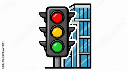 Traffic light with red, yellow, and green signals stands before a modern, glass-windowed building