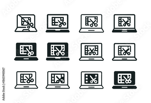Laptop Video Editing Icons. Editing videos on a laptop. Icon set. Set Logo of editing videos on a laptop: video editing scissors and film strip. harmonious