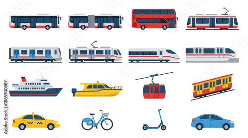 Collection of Various Transportation Modes and Vehicles.