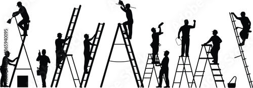 Silhouette of workers climbing ladders, performing tasks, construction site, teamwork, maintenance, safety gear, industrial labor, professional workers, ladder use, black and white vector