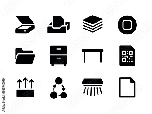 Office Scanning Icons. Office scanning. Solid icon set of Office scanning: office scanner, paper tray, document stack, scan button, digital folder, filing