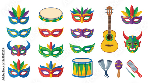 Colorful Masks and Musical Instruments Collection.
