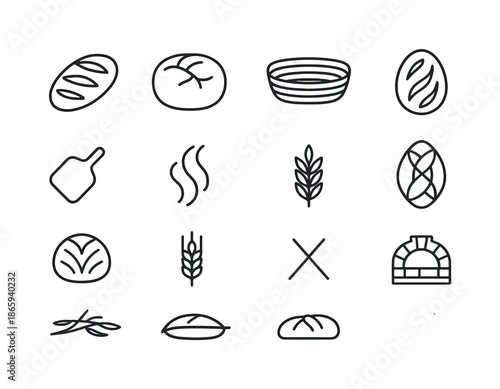 Artisan Bread Icons. Artisan bread. Line icon set of artisan bread: rustic loaf, cracked crust, oval banneton, sourdough scoring, bread peel, steam swirl,
