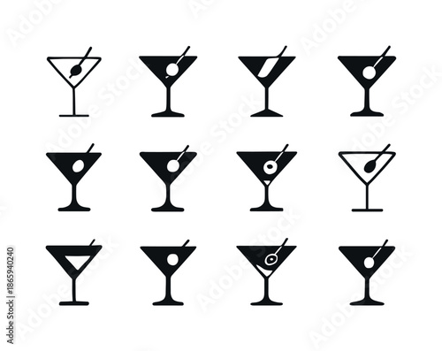Martini Logo Collection. Martini. Icon set. Set Logo of martini: Martini glass with garnish skewer. harmonious logo variations of the same emblematic concept,