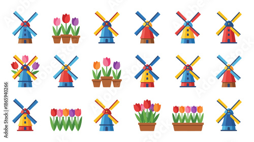 Colorful Windmills and Tulip Illustrations Set.