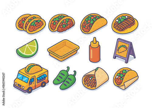 Street Taco Icons. Street tacos. Colorful isometric vector icons set of Street tacos: mini tortilla tacos, carnitas taco, al pastor taco, carne asada taco,