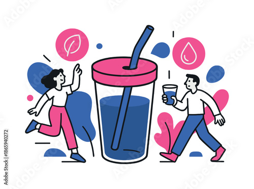 Sustainable Straw Design. Reusable straw focus. A reusable straw in a stylish tumbler, glowing icons highlight sustainability and clean drinking. Modern