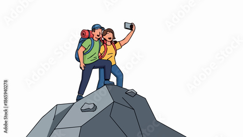 Two hikers with backpacks reach a rocky summit and take a selfie