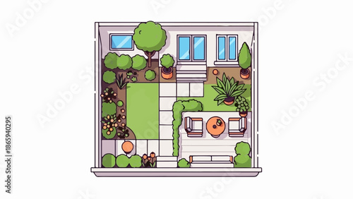 Top-down view of a neat backyard with a lawn, patio, plants, and seating