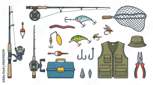 Fishing gear and accessories collection illustration.