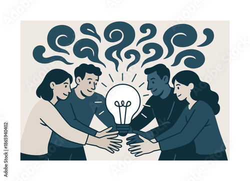 Collaborative Brainstorming Session. Brainstorm huddle. Teammates circling a glowing idea bulb; swirling thought shapes drifting upward. Hands reaching in with