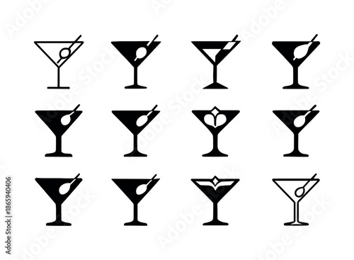 Martini Logo Collection. Martini. Icon set. Set Logo of martini: Martini glass with garnish skewer. harmonious logo variations of the same emblematic concept,