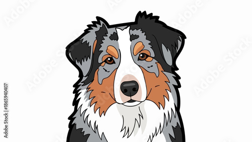 Stylized illustration of a blue merle Australian Shepherd dog's face with striking brown eyes