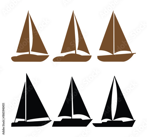 Boat icon. Sailboat icon silhouette. Sailboat set icon. Tan boat, red and green sails, blue waves, maritime, sailing, nautical, travel, adventure, recreation, water sport.