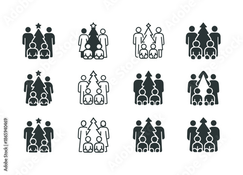 Festive Family Logos. family taking a holiday photo in front of the christmas tree. Icon set. Set Logo of family taking a holiday photo in front of the