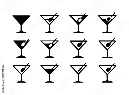 Martini Logo Variations. Martini. Icon set. Set Logo of martini: Martini with olive. harmonious logo variations of the same emblematic concept, each with