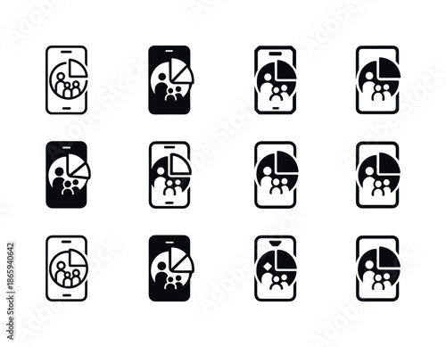 Family Finance Icons. Tracking family finances using an app. Icon set. Set Logo of tracking family finances using an app: smartphone with pie chart. harmonious
