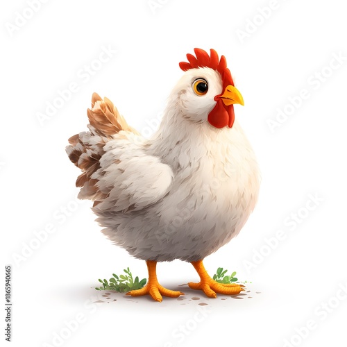 Adorable Cartoon Chicken Character with Brown Feathers Standing on White Background, Cute Farm Bird Illustration for Kids Art