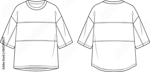 Oversized t shirt technical sketch, unisex casual apparel design, front back view, dropped shoulder sleeves, modern streetwear fashion flat illustration