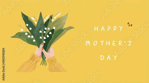 A vibrant yellow background with a hand holding a bouquet of white flowers, possibly lilies, against the backdrop