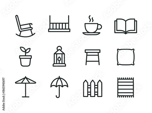 Porch Relaxation Icons. Relaxing on porch. Line icon set of Relaxing on porch: rocking chair, porch swing, coffee cup, book, potted plant, lantern, side table,