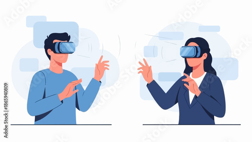Two individuals, each wearing a virtual reality headset, interact with abstract digital elements