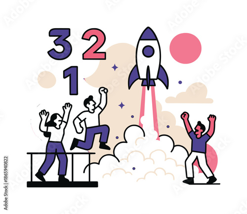 Rocket Launch Celebration. Launch moment. A rocket lifts off with a glowing trail as spectators cheer from a nearby platform; abstract countdown numbers float