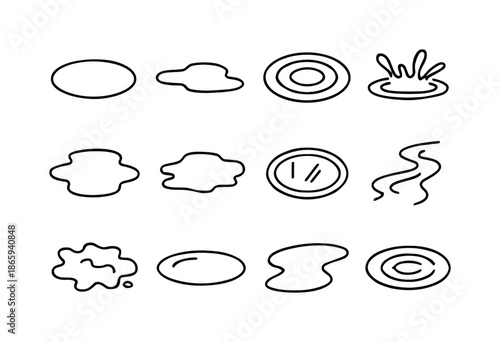 Rain Puddle Icons. Rain puddle shapes. Line icon set of Rain puddle shapes: round puddle, elongated puddle, ripple, splash, water pooling, wet patch,