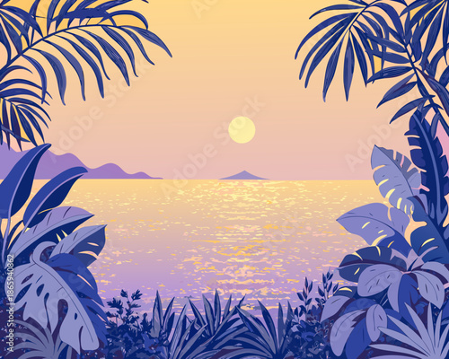 Tropical sunset over the ocean framed by lush palm and foliage