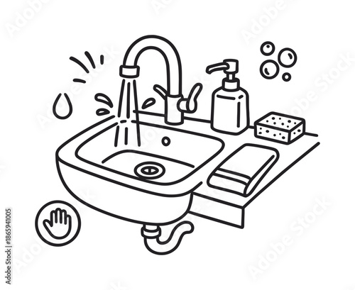 Kitchen Sink Doodle. Sink. Hand-drawn doodle illustration Sink kitchen faucet, bowl shape, water stream, soap pump, countertop corner, dish sponge, towel