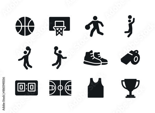Basketball Icons Grid. Basketball. Solid icon set of basketball: basketball, hoop, dribble, jump shot, dunk, layup, basketball shoes, referee