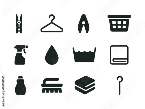 Laundry Accessories Icons. Laundry accessories. Solid icon set of Laundry accessories: clothespin, hanger, drying clip, laundry basket, spray bottle, detergent