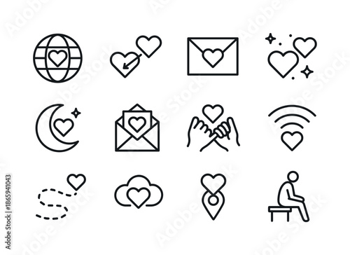 Long-Distance Love Icons. Love from afar. Line icon set of love from afar: heart globe, long-distance arrow, love letter, starry night hearts, moon heart,
