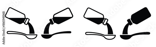 Pouring Bottle Syrup Icon Set Featuring Liquid Dispensing Into a Spoon Vector Design Illustration Set. spoons with bottles pouring. 
