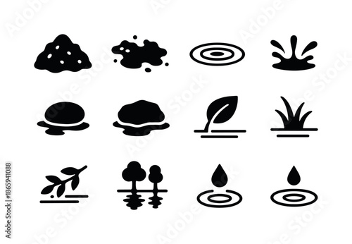Soil and Water Icons. Soil and water. Solid icon set of soil and water: wet soil, mud, puddle, water ripple, splash, stone, clay, leaf, grass, twig,